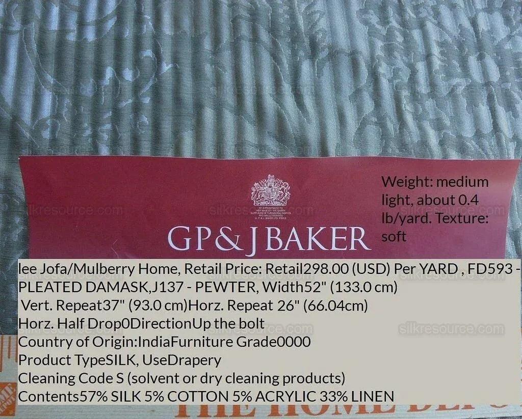 By yard Lee Jofa Mulberry Home Pleated Damask Pewter Silver Blue Floral Wide Stripe Silk MSRP USD 298/Y