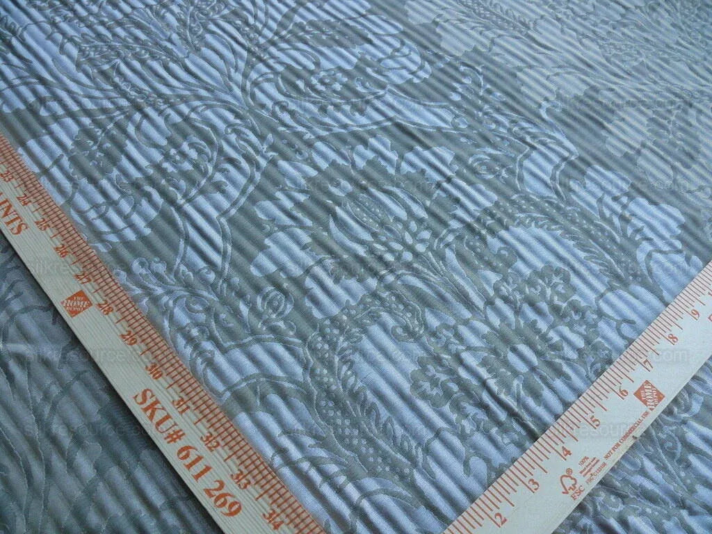 By yard Lee Jofa Mulberry Home Pleated Damask Pewter Silver Blue Floral Wide Stripe Silk MSRP USD 298/Y