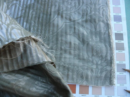 By yard Lee Jofa Mulberry Home Pleated Damask Pewter Silver Blue Floral Wide Stripe Silk MSRP USD 298/Y