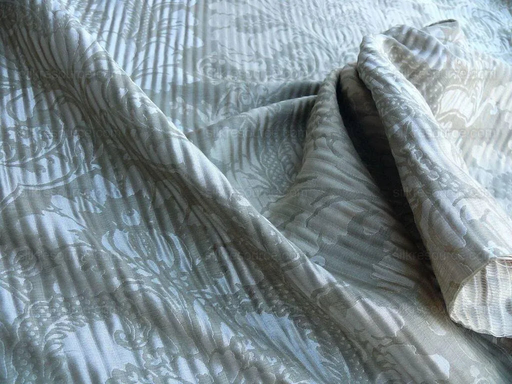 By yard Lee Jofa Mulberry Home Pleated Damask Pewter Silver Blue Floral Wide Stripe Silk MSRP USD 298/Y