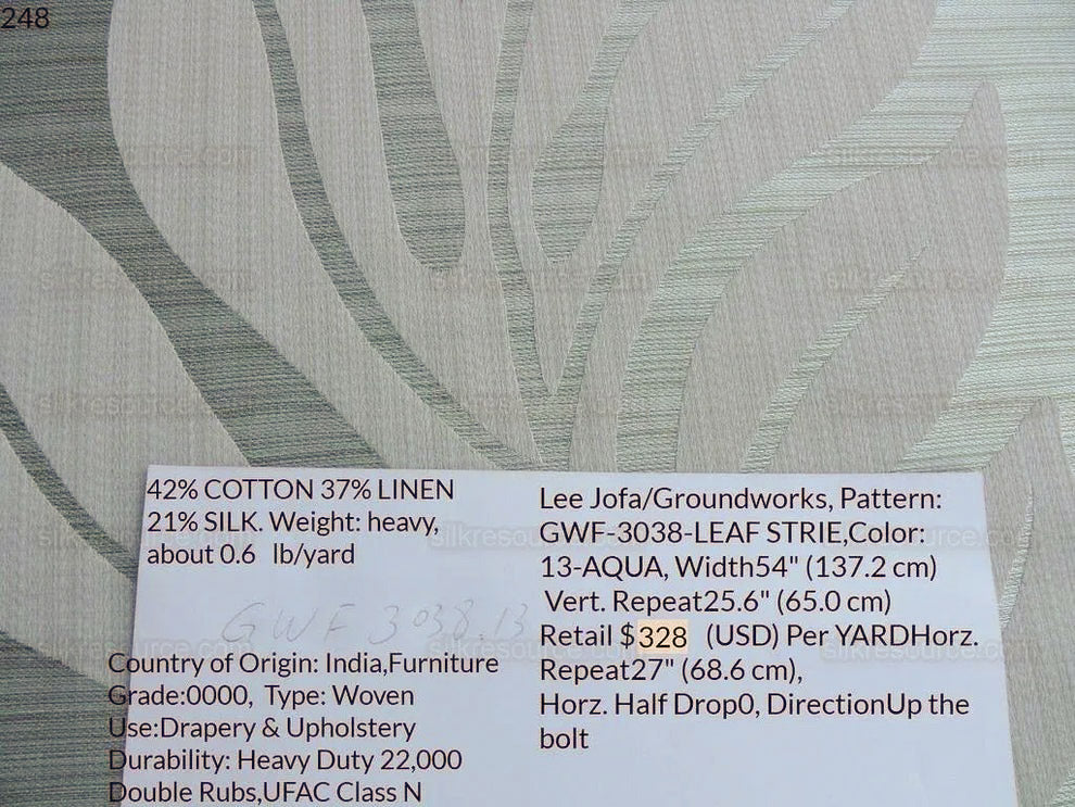 Lee Jofa Leave Strie Seafoam Green Monstera Foliage Tropical Rain Forest Silk MSRP USD 328/Y
