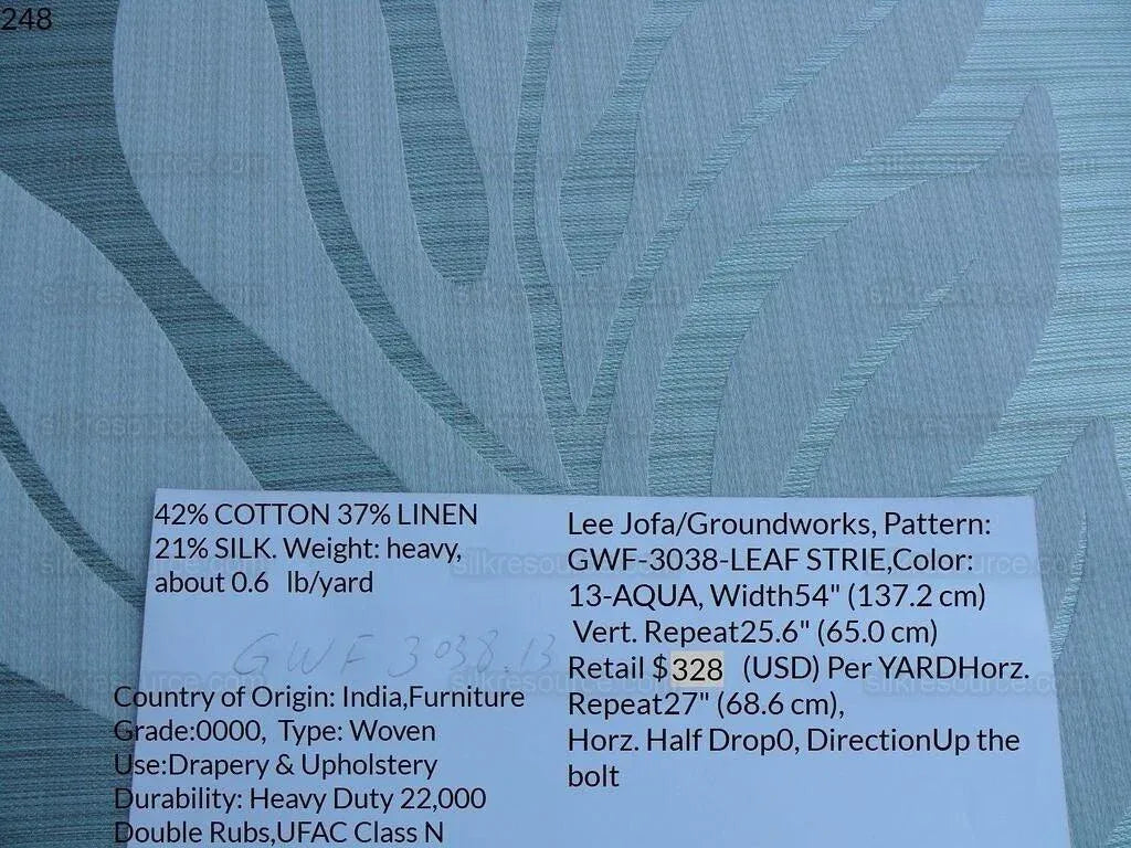 Lee Jofa Leave Strie Aqua Blue Monstera Foliage Tropical Rain Forest Silk MSRP USD 328/Y