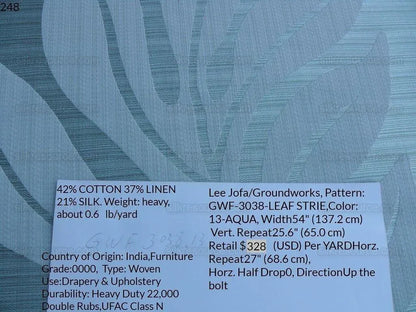 Lee Jofa Leave Strie Aqua Blue Monstera Foliage Tropical Rain Forest Silk MSRP USD 328/Y