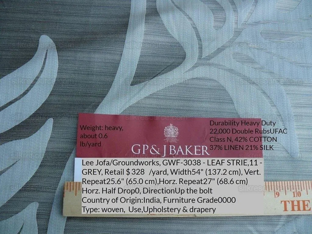 Lee Jofa Leave Strie Grey Monstera Foliage Tropical Rain Forest Silk MSRP USD 328/Y!