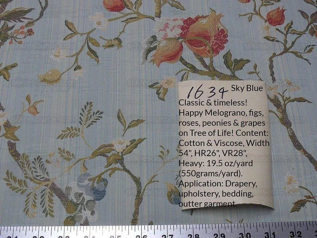 Renaissance Lampas Melograno Pom Fig Rose Tree Of Life On Sky Blue #1634