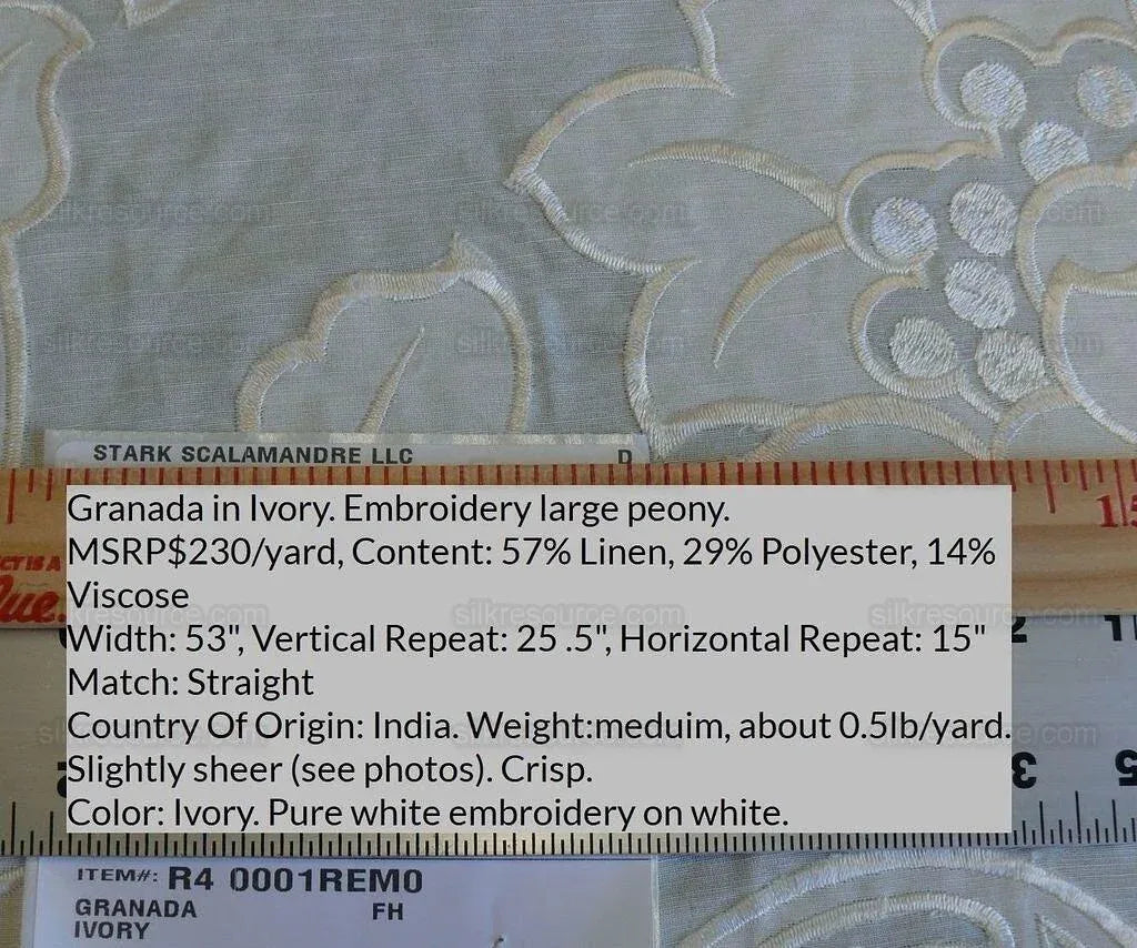 Scalamandre Granada Ivory White Peony Pomegranate Embroidery Linen MSRP USD286/Y