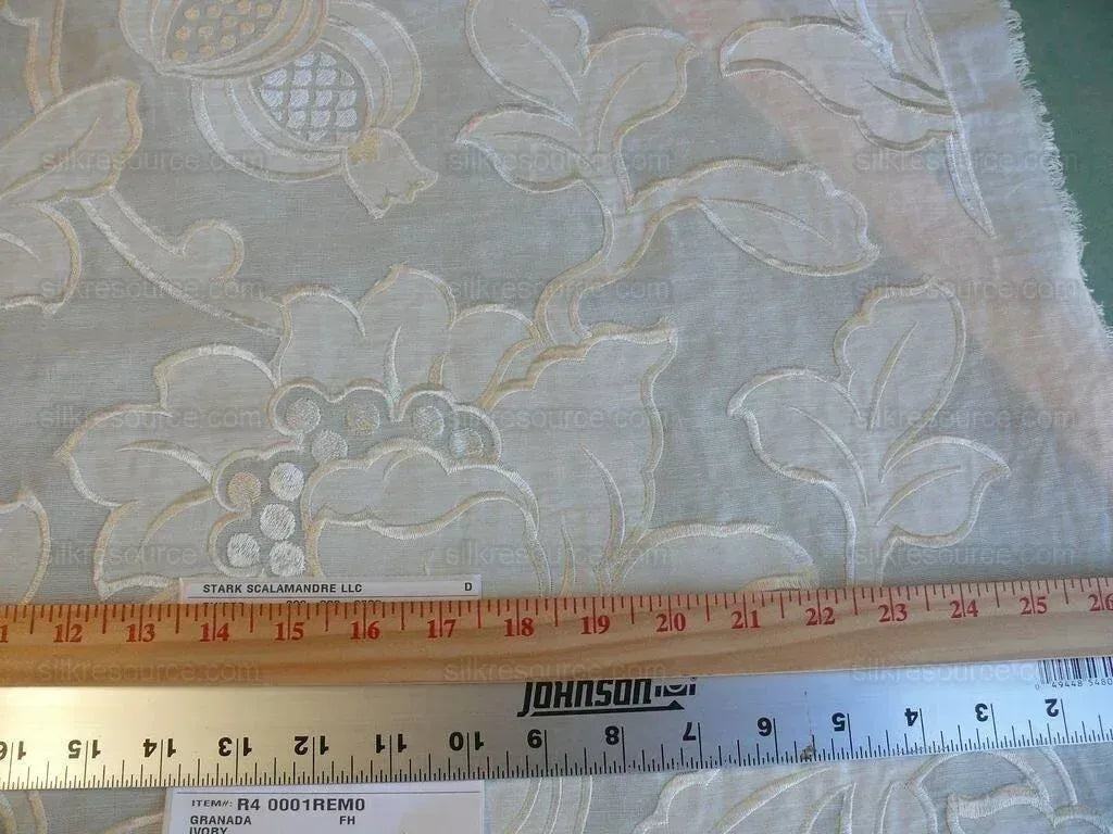 Scalamandre Granada Ivory White Peony Pomegranate Embroidery Linen MSRP USD286/Y