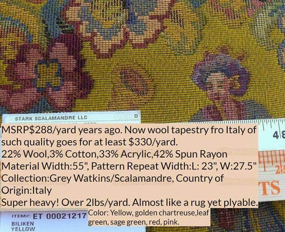 Scalamandre Biliken Yellow Mediaval Lady Heavy! Wool Tapestry Music Dance Renaissance Fair Harvest USD 288/y