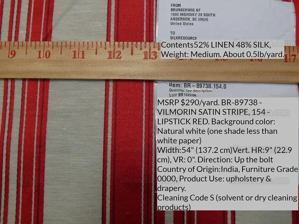 Brunschwig &amp; Fils Vilmorin Satin Stripe Lipstick Red MSRP USD 290/y