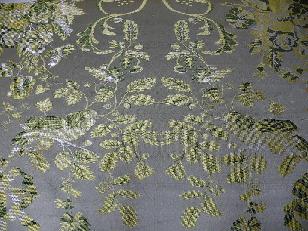 100% Silk Paloma Dove Bird French Neoclassical Green Chartreuse Pewter Silver Lampas By VR