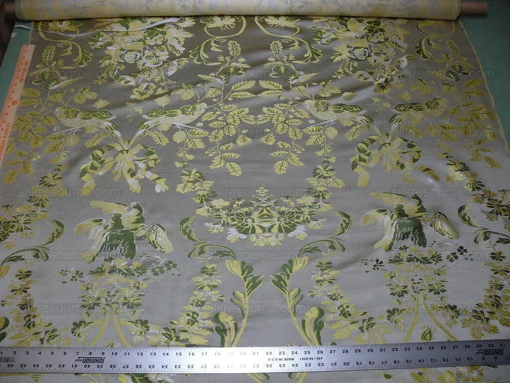 100% Silk Paloma Dove Bird French Neoclassical Green Chartreuse Pewter Silver Lampas By VR