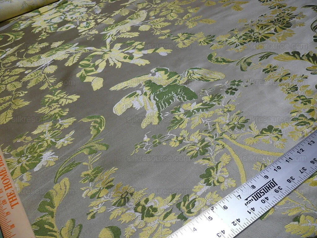 100% Silk Paloma Dove Bird French Neoclassical Green Chartreuse Pewter Silver Lampas By VR