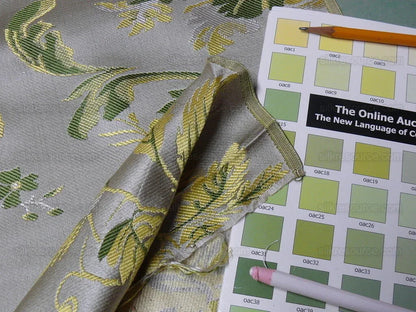 100% Silk Paloma Dove Bird French Neoclassical Green Chartreuse Pewter Silver Lampas By VR