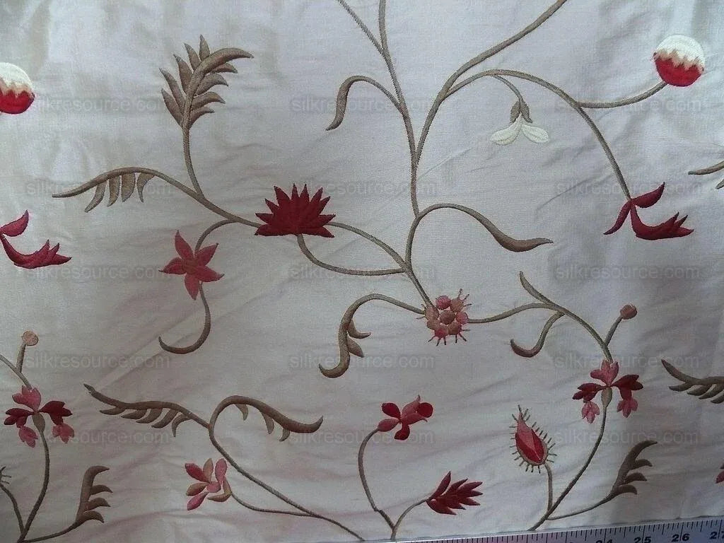 BY Yard Kravet Silk Embroidery Red Pink Flower On Pale Butter #1644