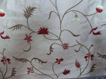 BY Yard Kravet Silk Embroidery Red Pink Flower On Pale Butter #1644