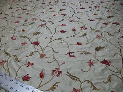 BY Yard Kravet Silk Embroidery Red Pink Flower On Pale Butter #1644