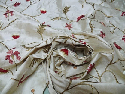 BY Yard Kravet Silk Embroidery Red Pink Flower On Pale Butter #1644