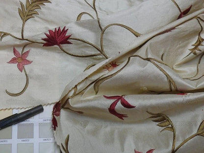 BY Yard Kravet Silk Embroidery Red Pink Flower On Pale Butter #1644