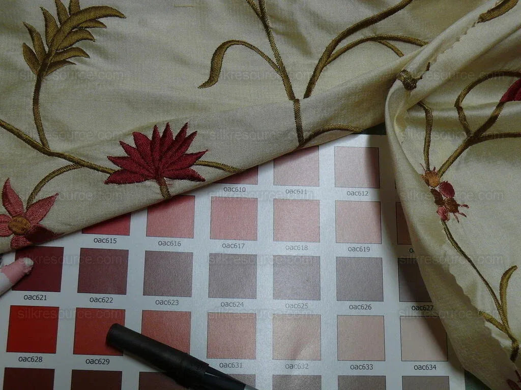 BY Yard Kravet Silk Embroidery Red Pink Flower On Pale Butter #1644