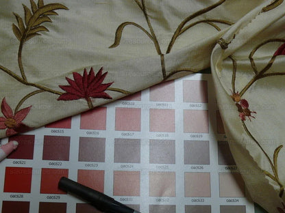 BY Yard Kravet Silk Embroidery Red Pink Flower On Pale Butter #1644