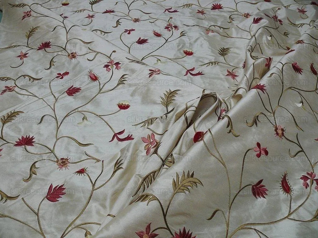 BY Yard Kravet Silk Embroidery Red Pink Flower On Pale Butter #1644