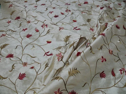 BY Yard Kravet Silk Embroidery Red Pink Flower On Pale Butter #1644