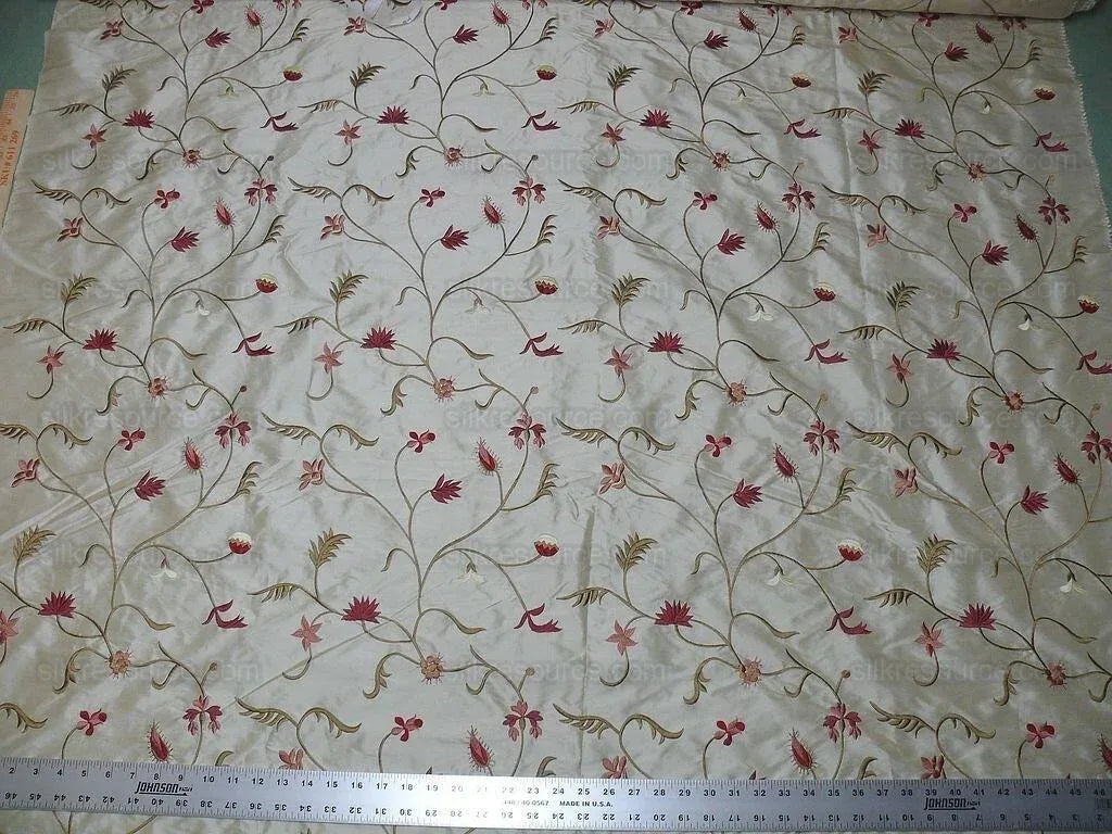 BY Yard Kravet Silk Embroidery Red Pink Flower On Pale Butter #1644