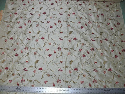 BY Yard Kravet Silk Embroidery Red Pink Flower On Pale Butter #1644