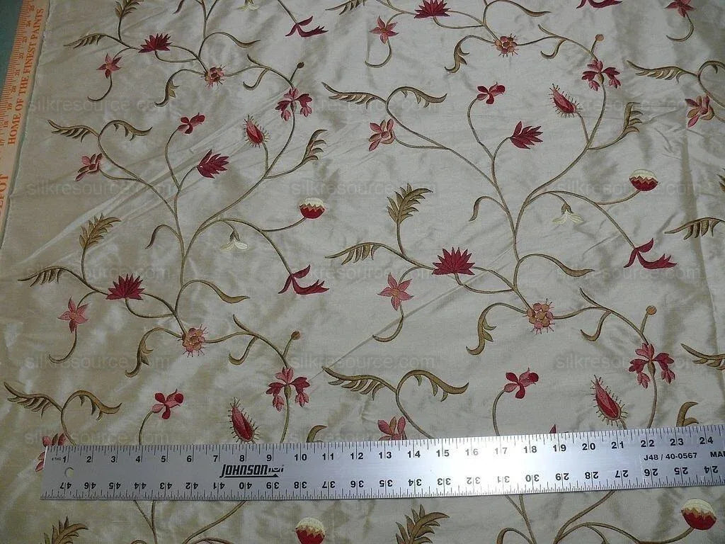 BY Yard Kravet Silk Embroidery Red Pink Flower On Pale Butter #1644