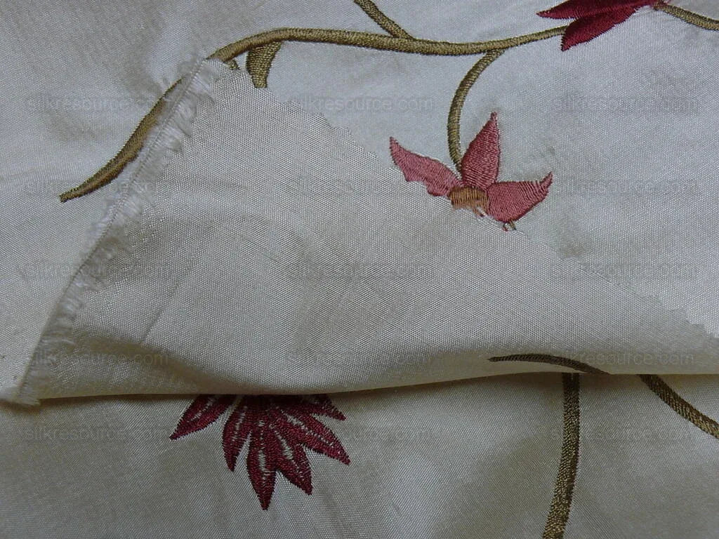 BY Yard Kravet Silk Embroidery Red Pink Flower On Pale Butter #1644