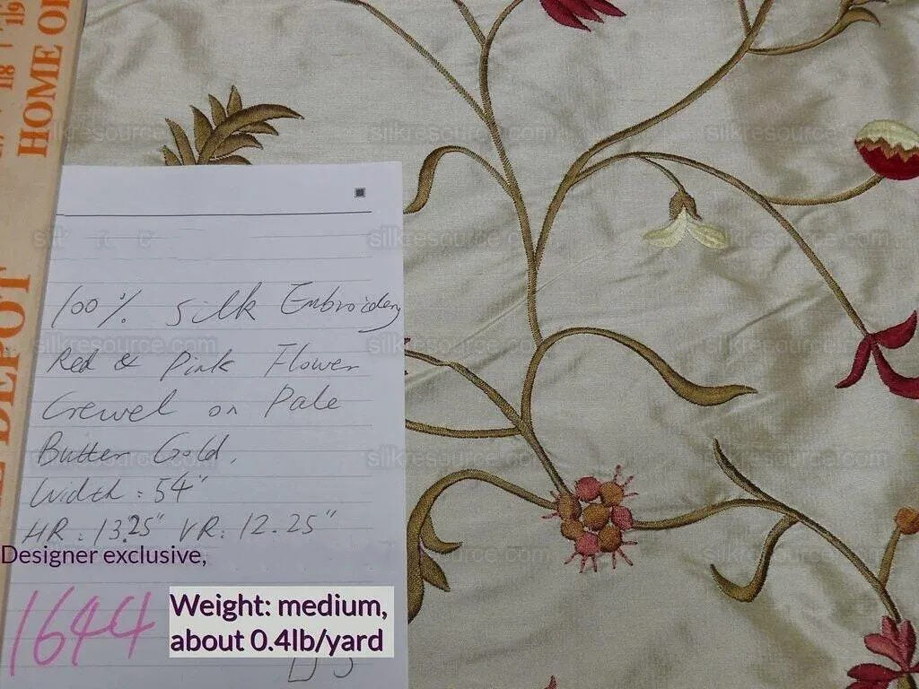 BY Yard Kravet Silk Embroidery Red Pink Flower On Pale Butter #1644