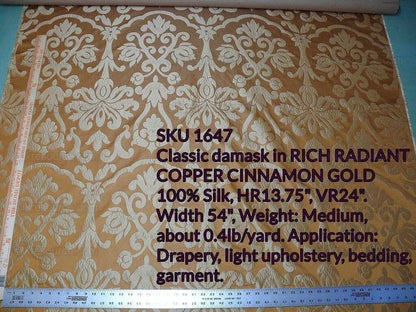 1.2Yard 100% Silk Damask Classic Radiant Copper Cinnamon Simple Renaissance