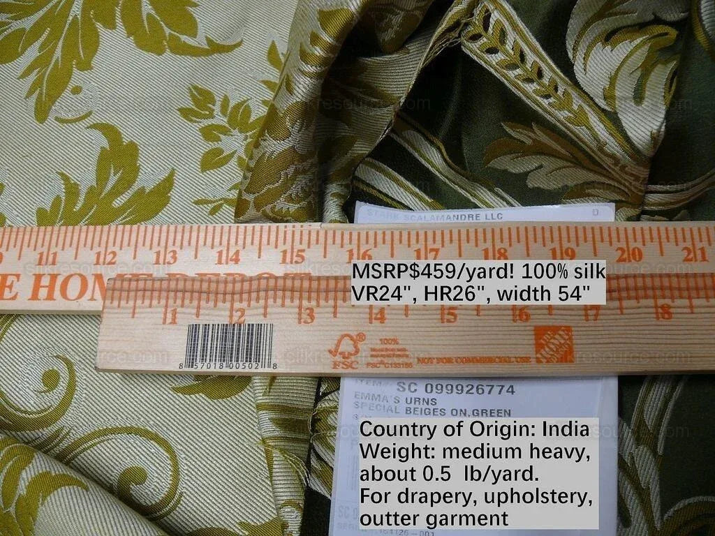 By yard Scalamandre Neoclassical Emma’s Urns Deep Green Gold 100% Silk MSRP USD459/y