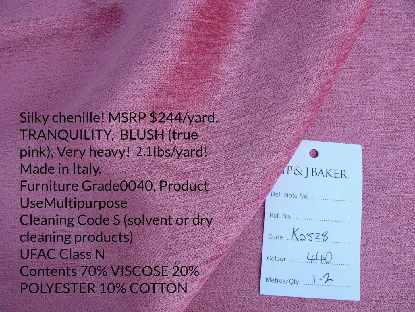 Lee Jofa Gp And J Baker Tranquility Blush Pink Silky Heavy Chenille Floral Rose MSRP USD 244/Y