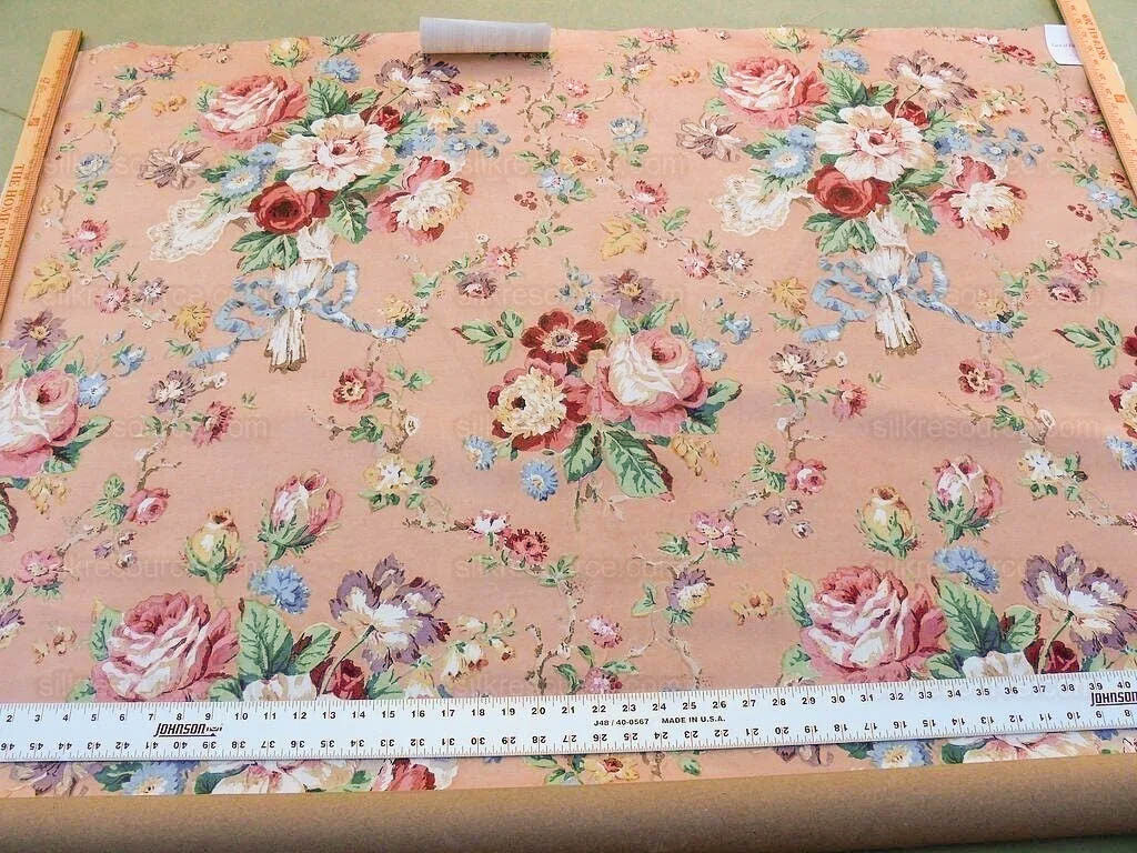 Scalamandre Fonthill Chatsworth Chintz Salmon Pink Blue Red Green Multi Color Rose Peony Bouquet with Ribbon English Garden Historical Prints Bouquet $364/y
