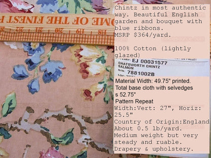 Scalamandre Fonthill Chatsworth Chintz Salmon Pink Blue Red Green Multi Color Rose Peony Bouquet with Ribbon English Garden Historical Prints Bouquet $364/y