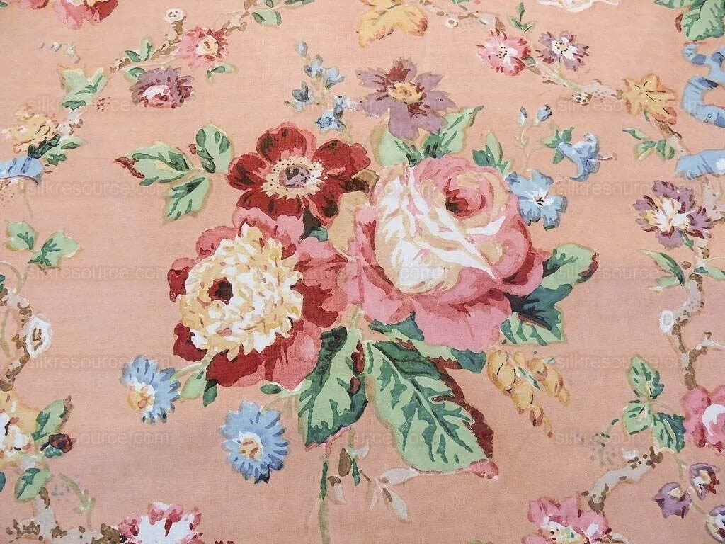 Scalamandre Fonthill Chatsworth Chintz Salmon Pink Blue Red Green Multi Color Rose Peony Bouquet with Ribbon English Garden Historical Prints Bouquet $364/y