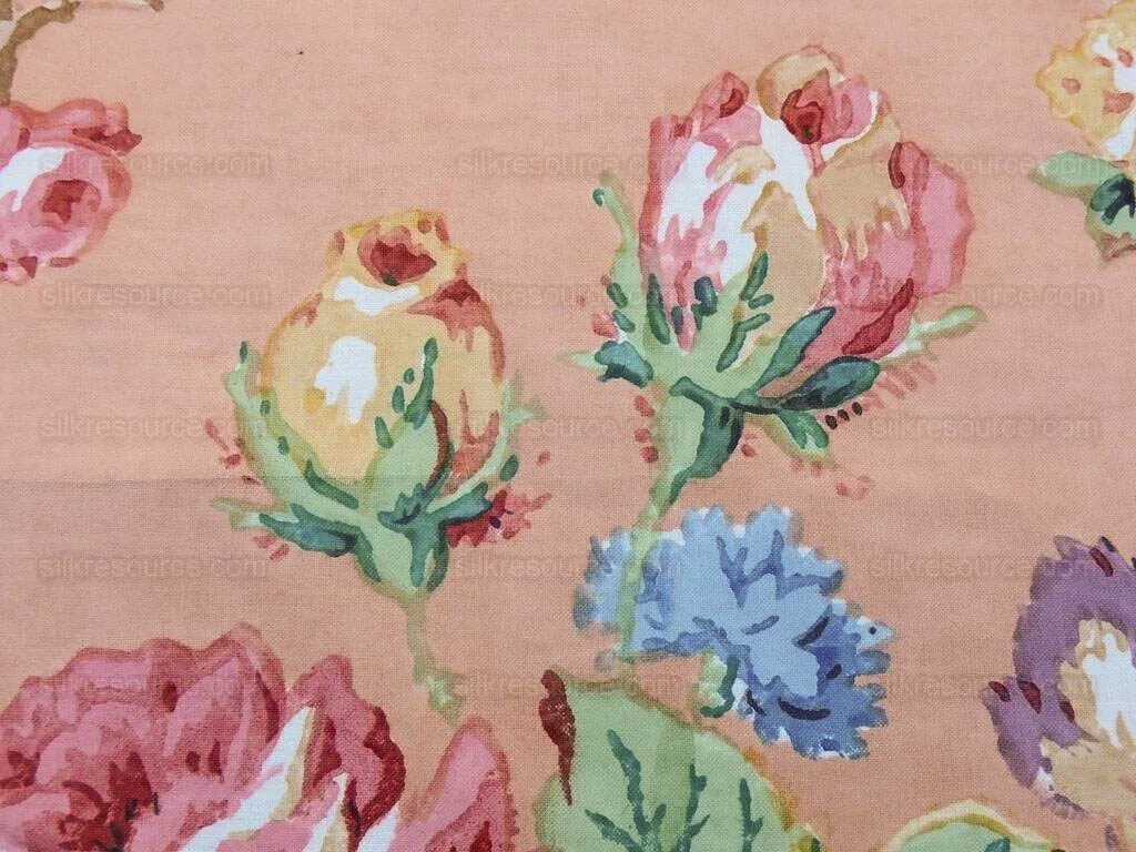 Scalamandre Fonthill Chatsworth Chintz Salmon Pink Blue Red Green Multi Color Rose Peony Bouquet with Ribbon English Garden Historical Prints Bouquet $364/y