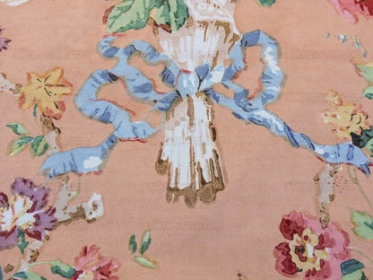 Scalamandre Fonthill Chatsworth Chintz Salmon Pink Blue Red Green Multi Color Rose Peony Bouquet with Ribbon English Garden Historical Prints Bouquet $364/y