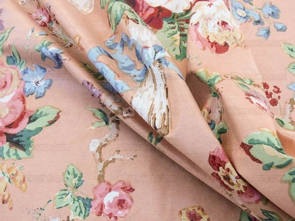 Scalamandre Fonthill Chatsworth Chintz Salmon Pink Blue Red Green Multi Color Rose Peony Bouquet with Ribbon English Garden Historical Prints Bouquet $364/y