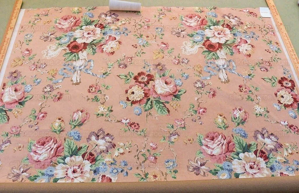 Scalamandre Fonthill Chatsworth Chintz Salmon Pink Blue Red Green Multi Color Rose Peony Bouquet with Ribbon English Garden Historical Prints Bouquet $364/y