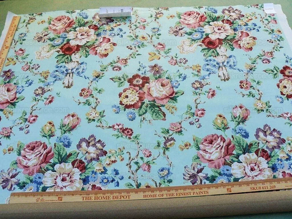 Scalamandre Chatsworth Chintz Fh Aqua Blue Pink Red Green Multi Color Rose Peony Bouquet with Ribbon English Garden Historical Prints Bouquet USD 364/y