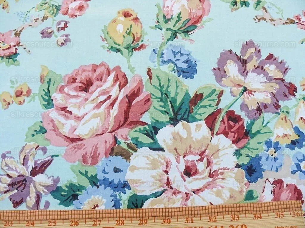 Scalamandre Chatsworth Chintz Fh Aqua Blue Pink Red Green Multi Color Rose Peony Bouquet with Ribbon English Garden Historical Prints Bouquet USD 364/y