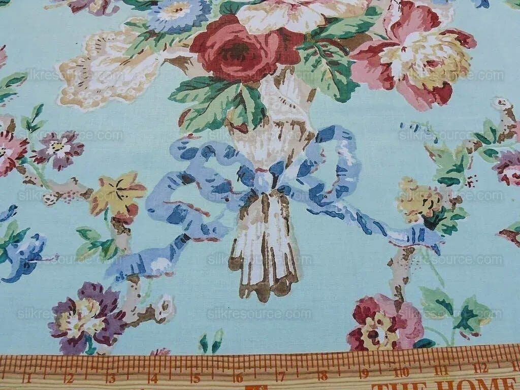 Scalamandre Chatsworth Chintz Fh Aqua Blue Pink Red Green Multi Color Rose Peony Bouquet with Ribbon English Garden Historical Prints Bouquet USD 364/y