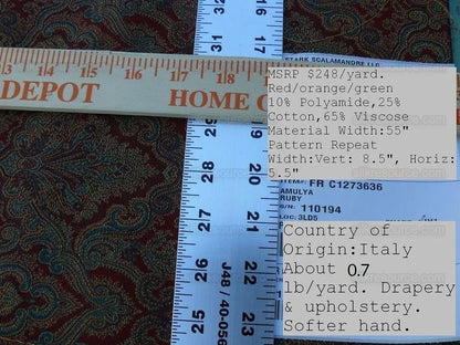 Amulya Ruby Red Green Scalamandre Renaissance Medallion Indian Arab Damask MSRP USD 248/Y