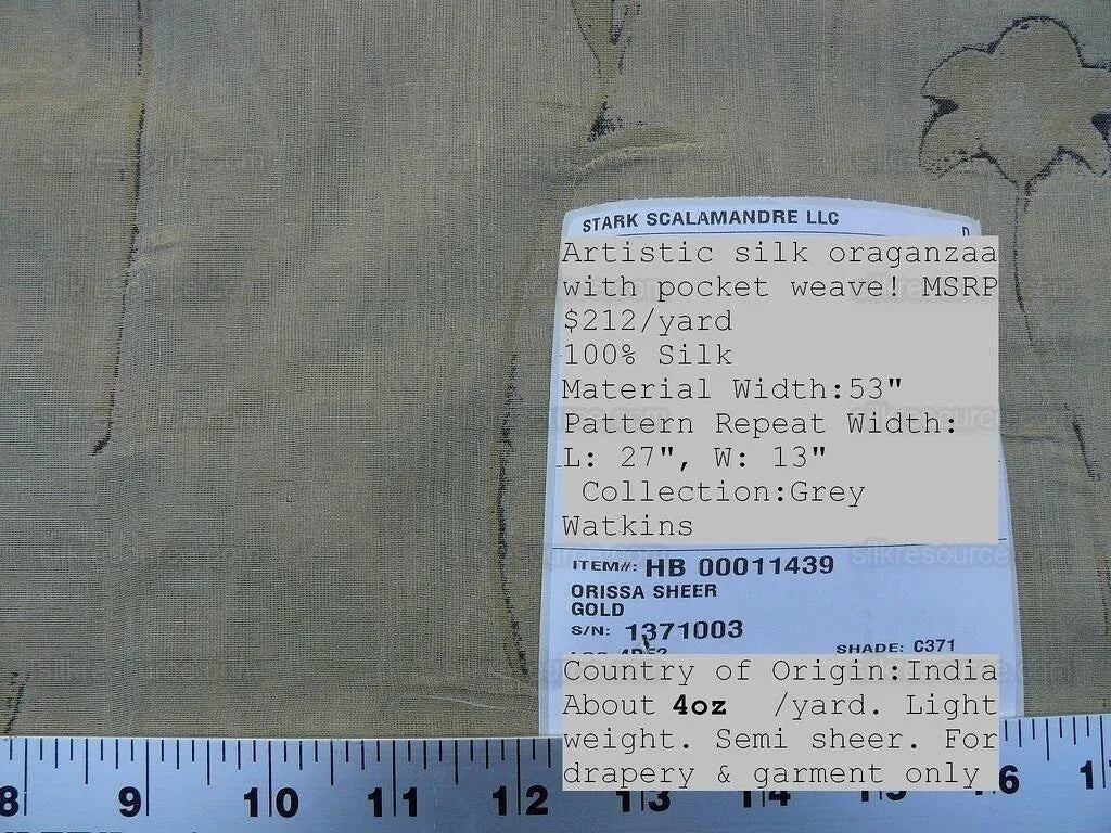 Scalamandre Grey Watkins Orissa Semi Sheer  Gold Silk Double Organza Damask Tulip Wildflower MSRP USD 212/Y