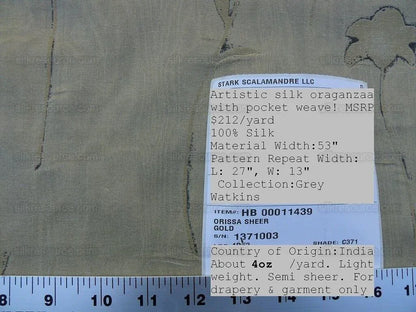 Scalamandre Grey Watkins Orissa Semi Sheer  Gold Silk Double Organza Damask Tulip Wildflower MSRP USD 212/Y