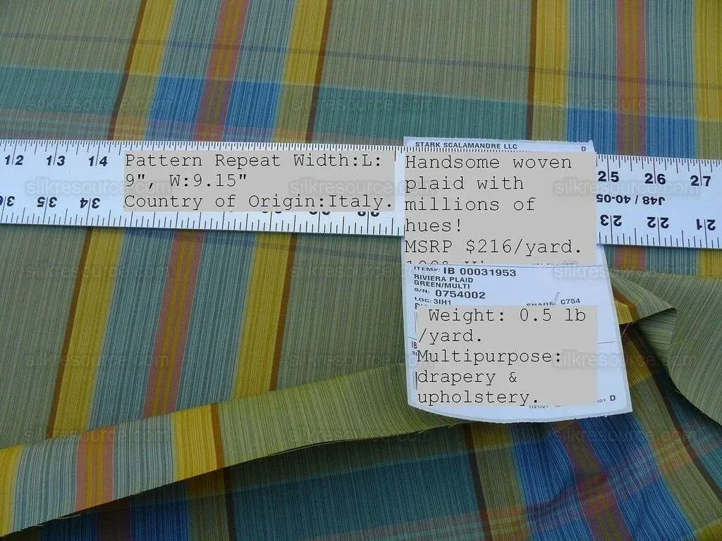 Scalamandre Riviera Plaid Fh Green/multi  Colorful Rainbow Mediterranean MSRP USD 216/Y