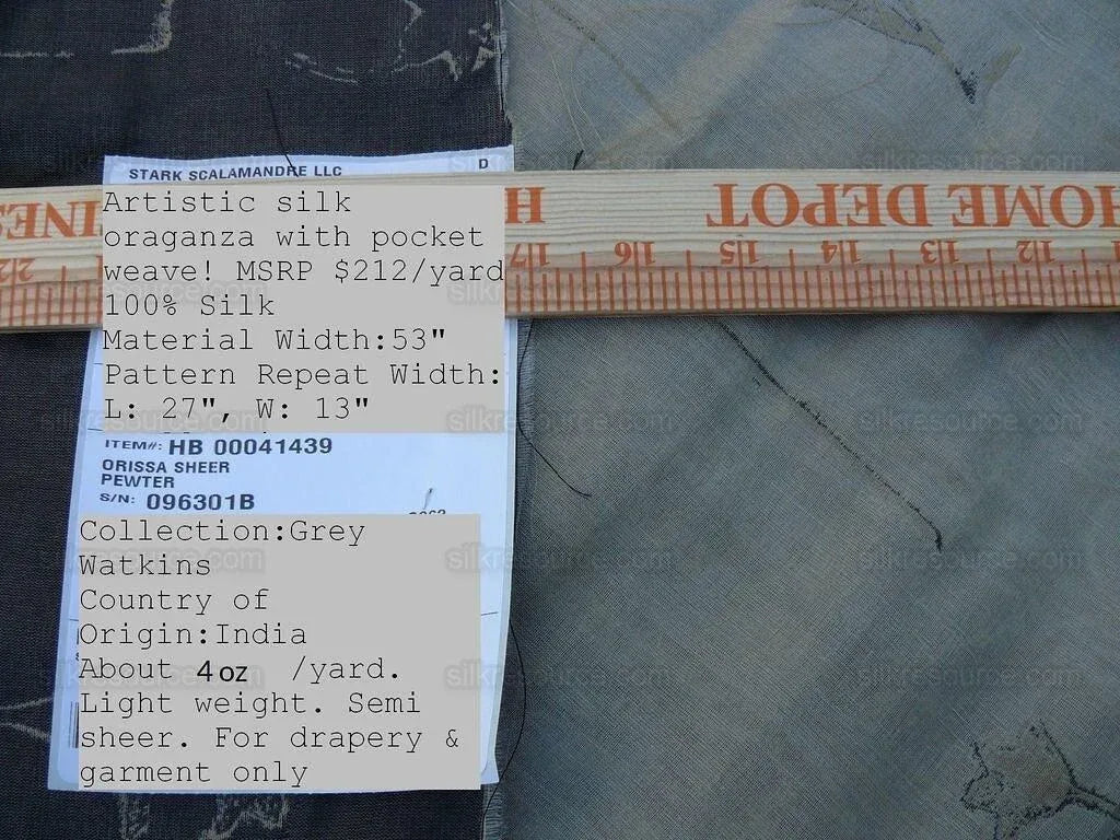 Scalamandre Grey Watkins Orissa Semi Sheer Pewter Silk Double Organza Damask Tulip Wildflower MSRP USD 212/Y
