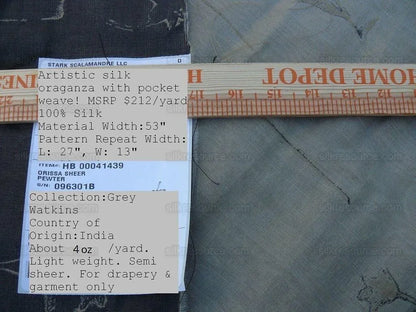 Scalamandre Grey Watkins Orissa Semi Sheer Pewter Silk Double Organza Damask Tulip Wildflower MSRP USD 212/Y
